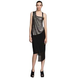 Helmut Lange Black Crepe, Sequin and Leather Asymmetrical Midi Dress Size 8